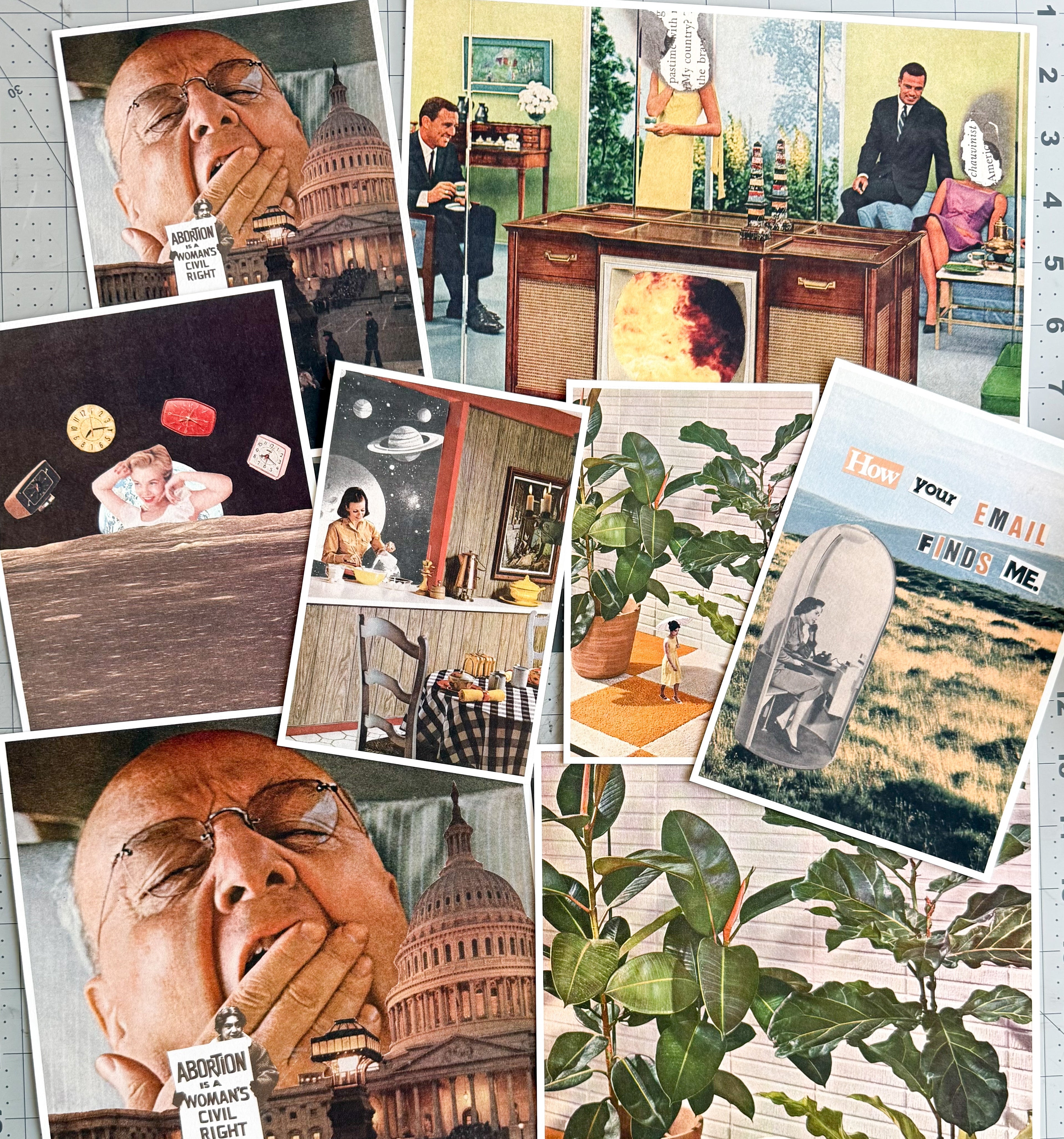 Collage of various images including a man with his hand over his mouth, a plant, and other scenes.