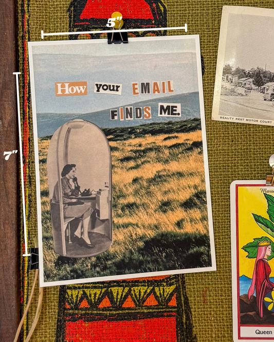 Poster titled 'How your EMAIL FINDS ME' on a textured surface with other items.