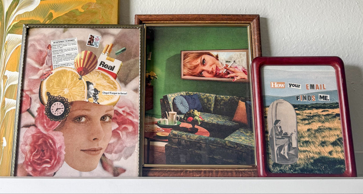 Three framed vintage-style collage prints displayed side-by-side on a white shelf against a textured white wall.