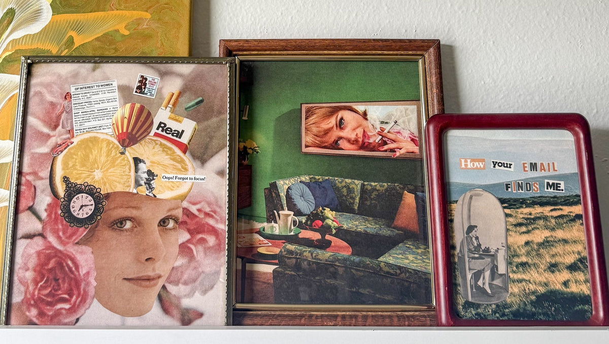 Three framed vintage-style collage prints displayed side-by-side on a white shelf against a textured white wall.