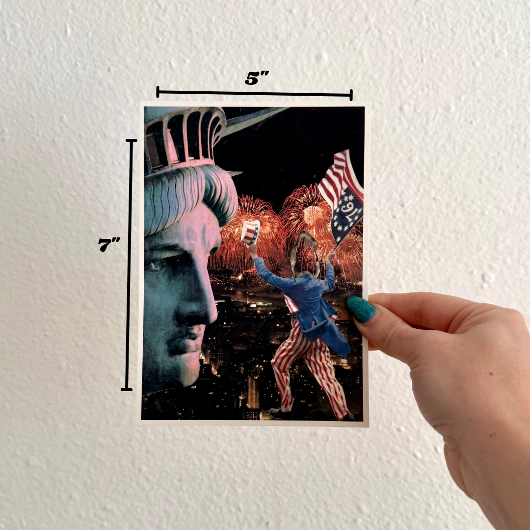 Hand holding a collage of the statue of liberty with a person in a blue suit and American flag, against a white wall with measurements indicated.