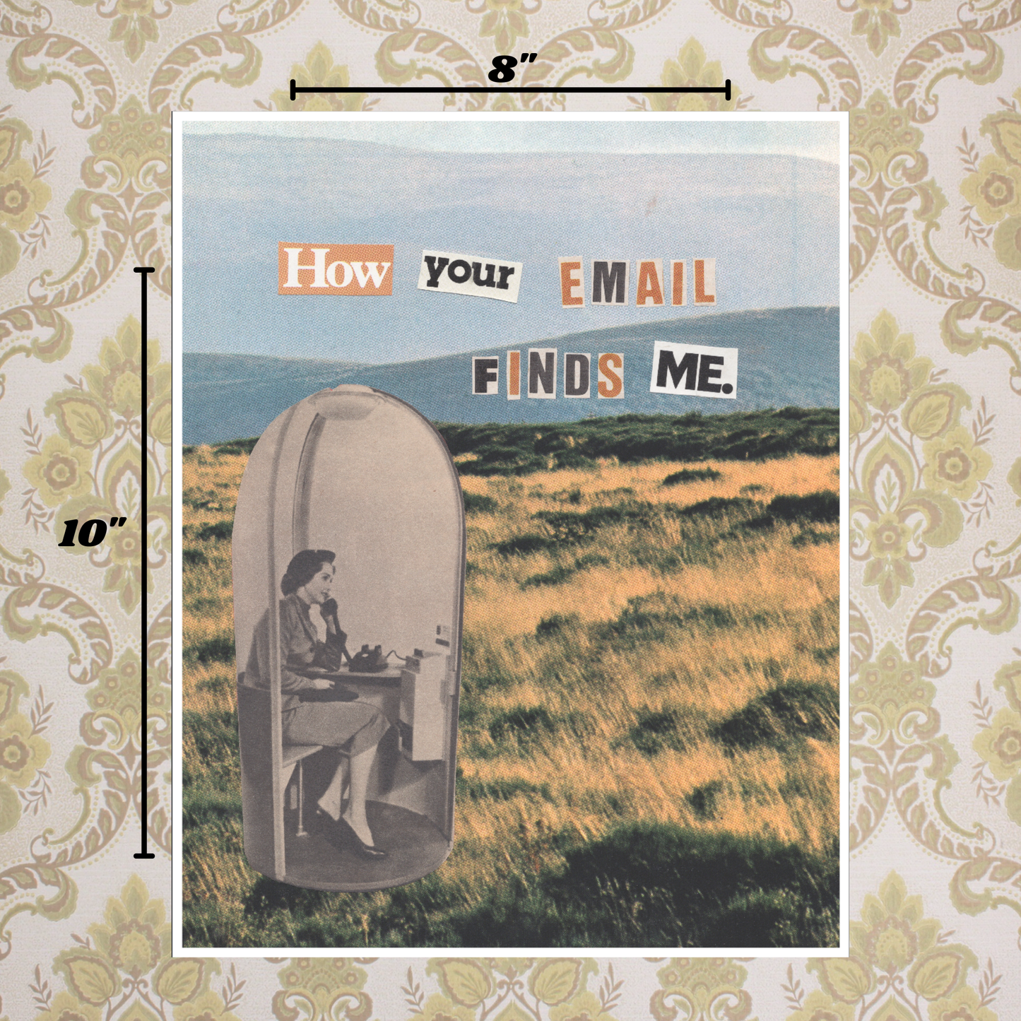 Collage with text 'How your email finds me' over a landscape with a phone booth.