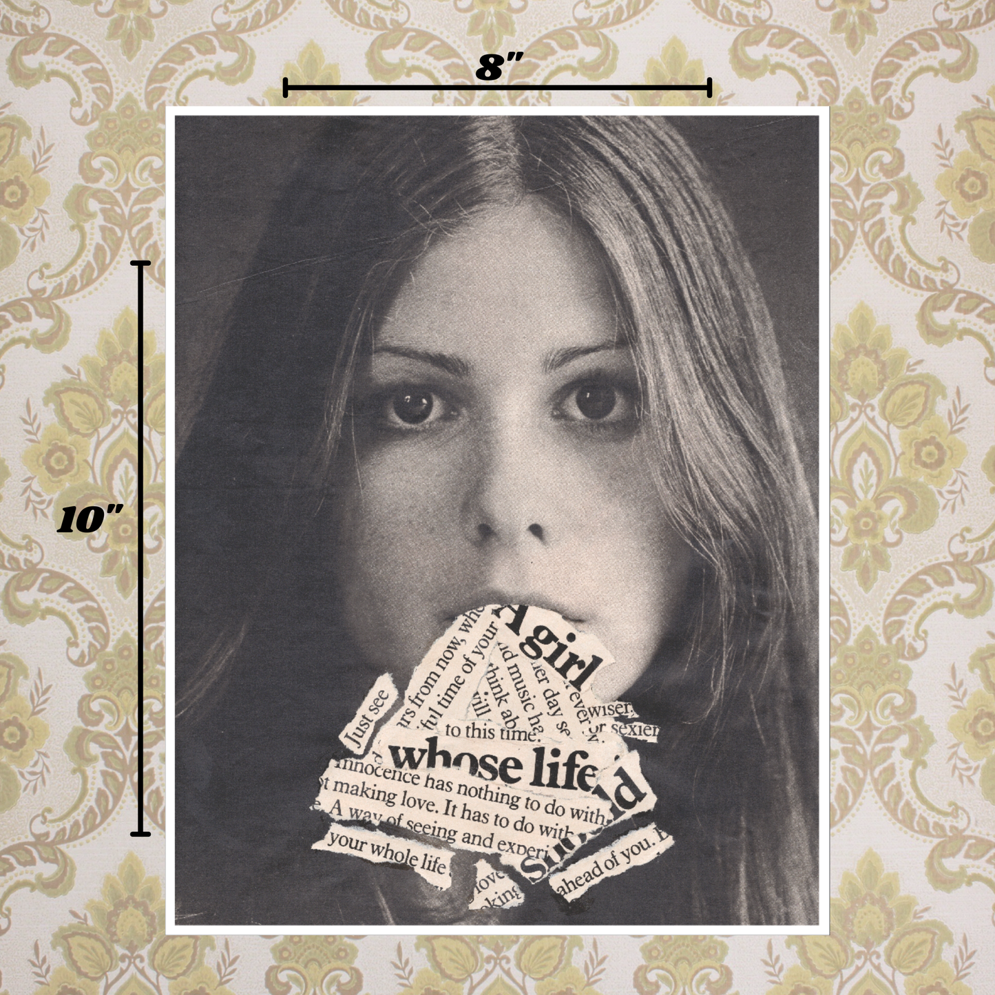 Black and white photo of a woman with a collage of text over her mouth on a decorative background.