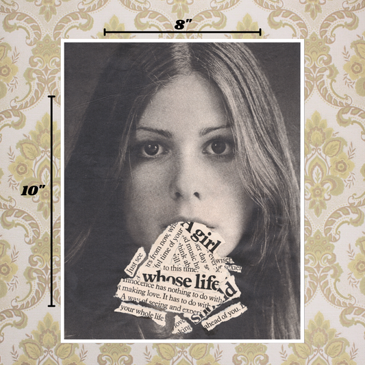 Black and white photo of a woman with a collage of text over her mouth on a decorative background.