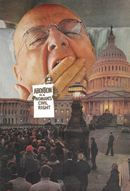 Political protest scene with a large figure holding a sign in front of the U.S. Capitol building.