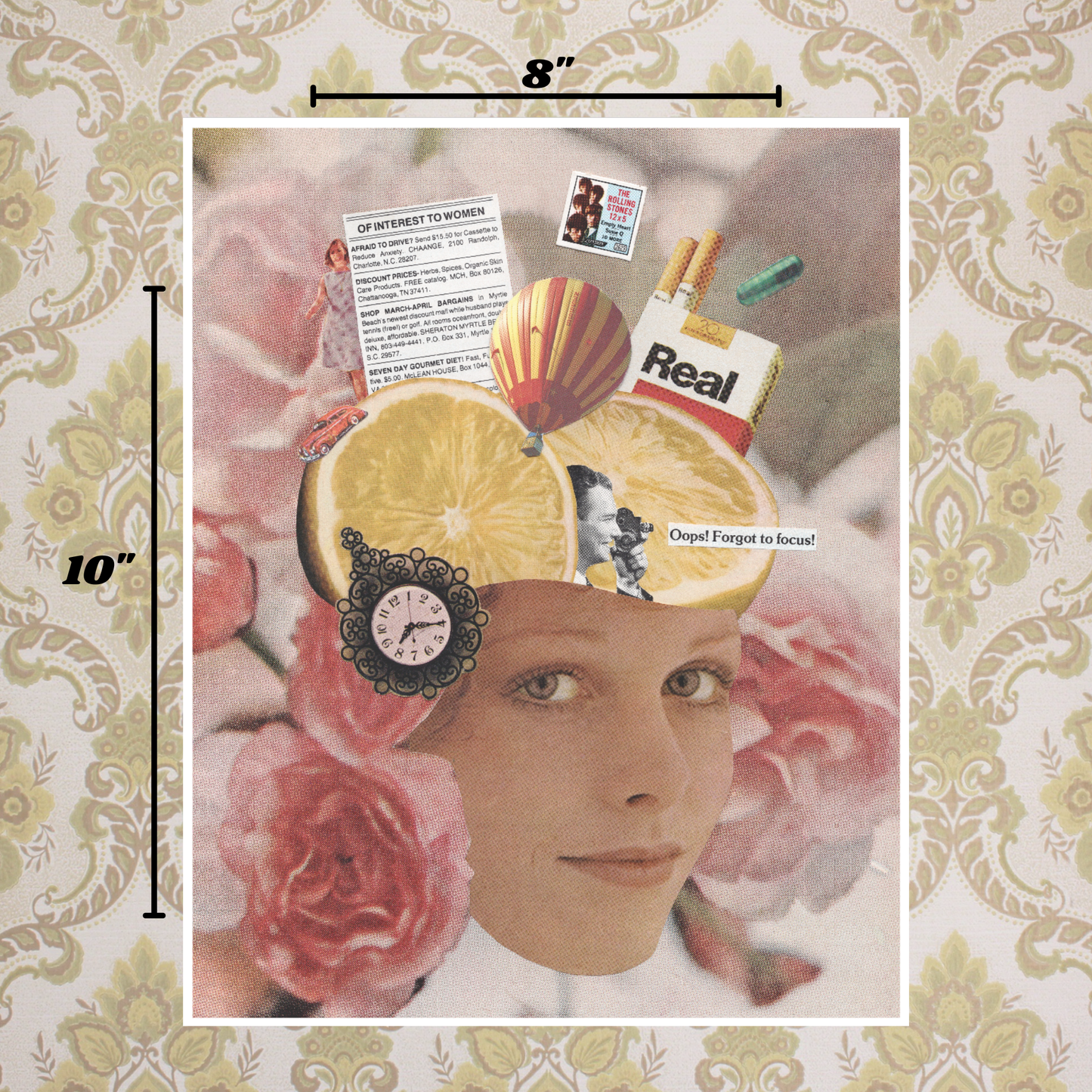 Collage of a woman's face with various objects on her head, including a lemon, clock, and newspaper, with floral and patterned background.