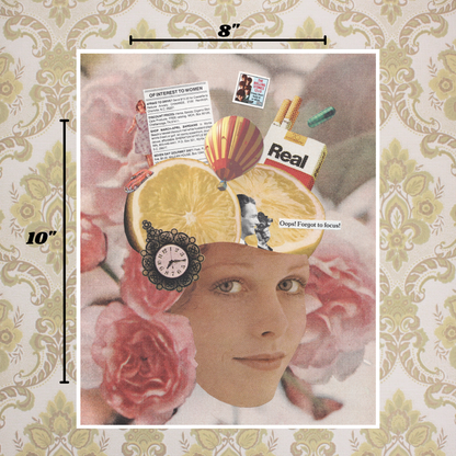 Collage of a woman's face with various objects on her head, including a lemon, clock, and newspaper, with floral and patterned background.