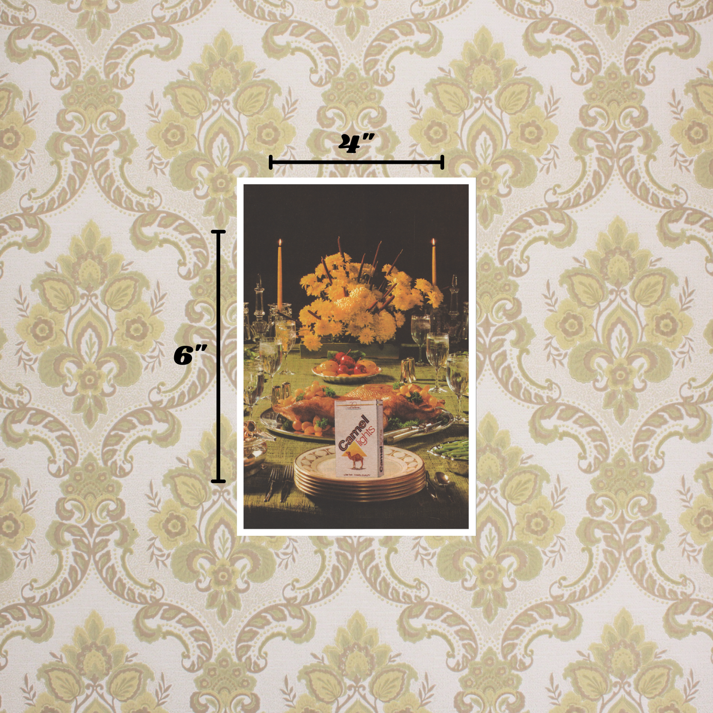 4x6 print of a Dinner table set with food and Camel Light cigarettes on a dark background