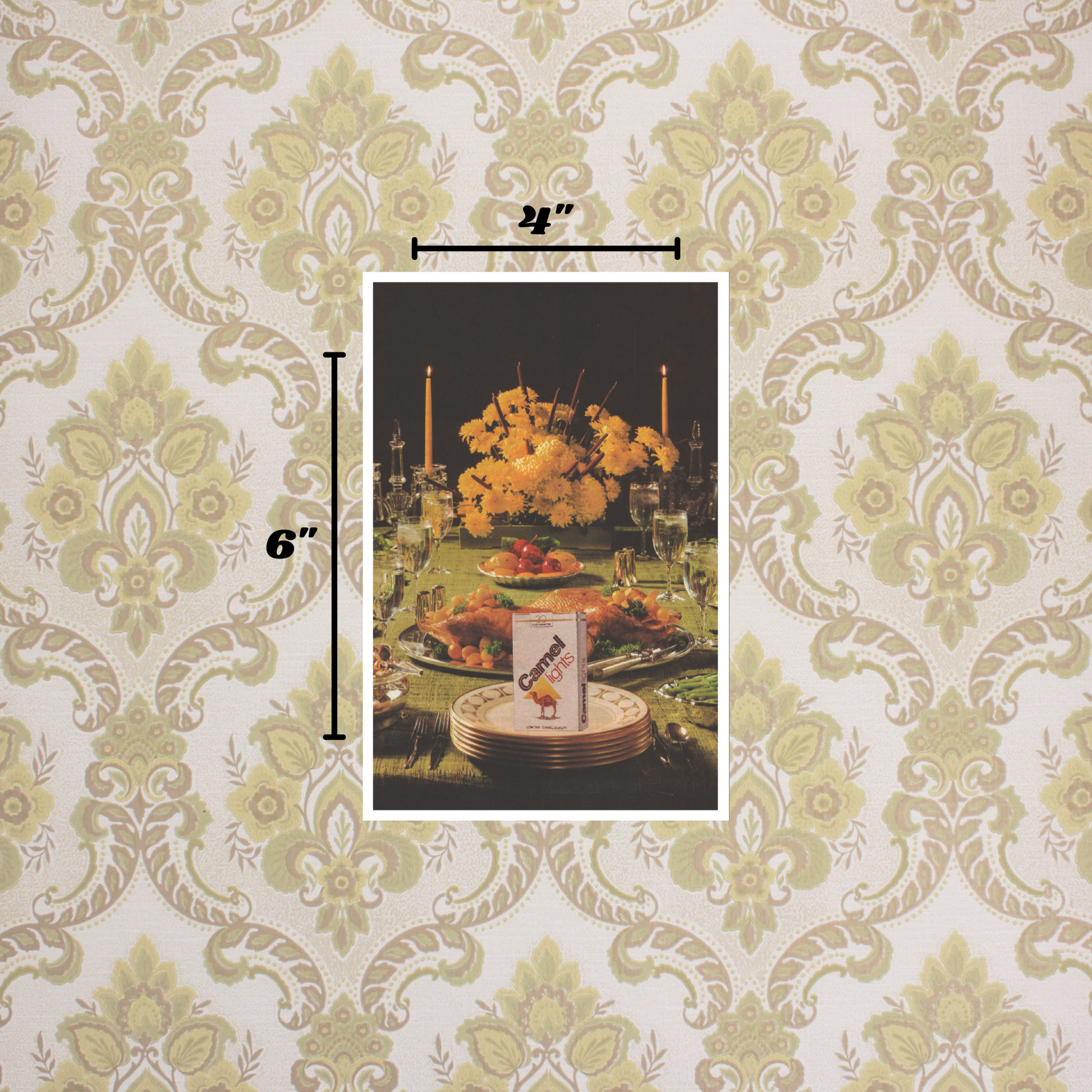 4x6 print of a Dinner table set with food and Camel Light cigarettes on a dark background