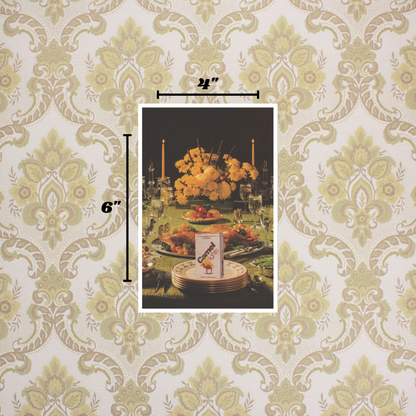 4x6 print of a Dinner table set with food and Camel Light cigarettes on a dark background