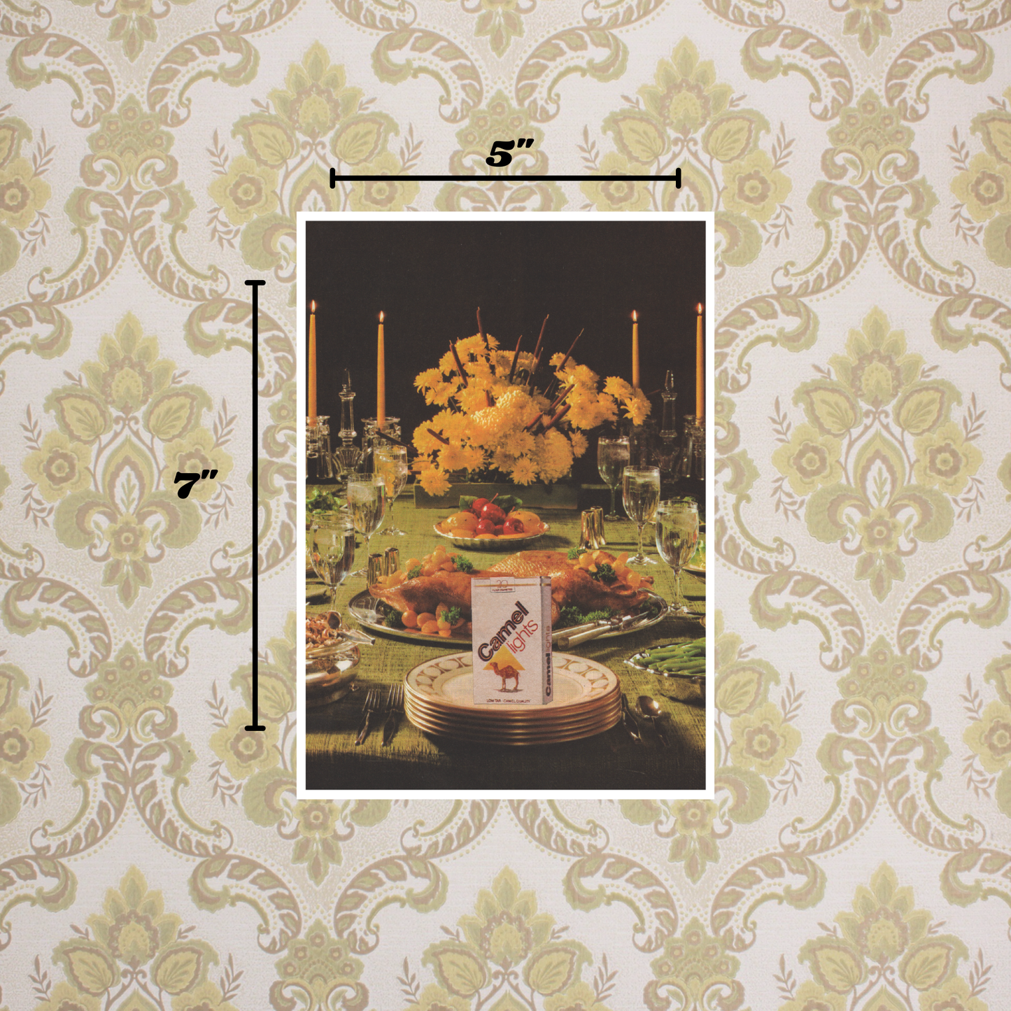 5x7 art print of a Dinner table set with food and Camel Light cigarettes on a dark background