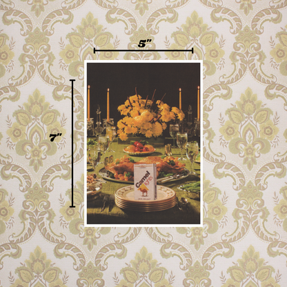 5x7 art print of a Dinner table set with food and Camel Light cigarettes on a dark background