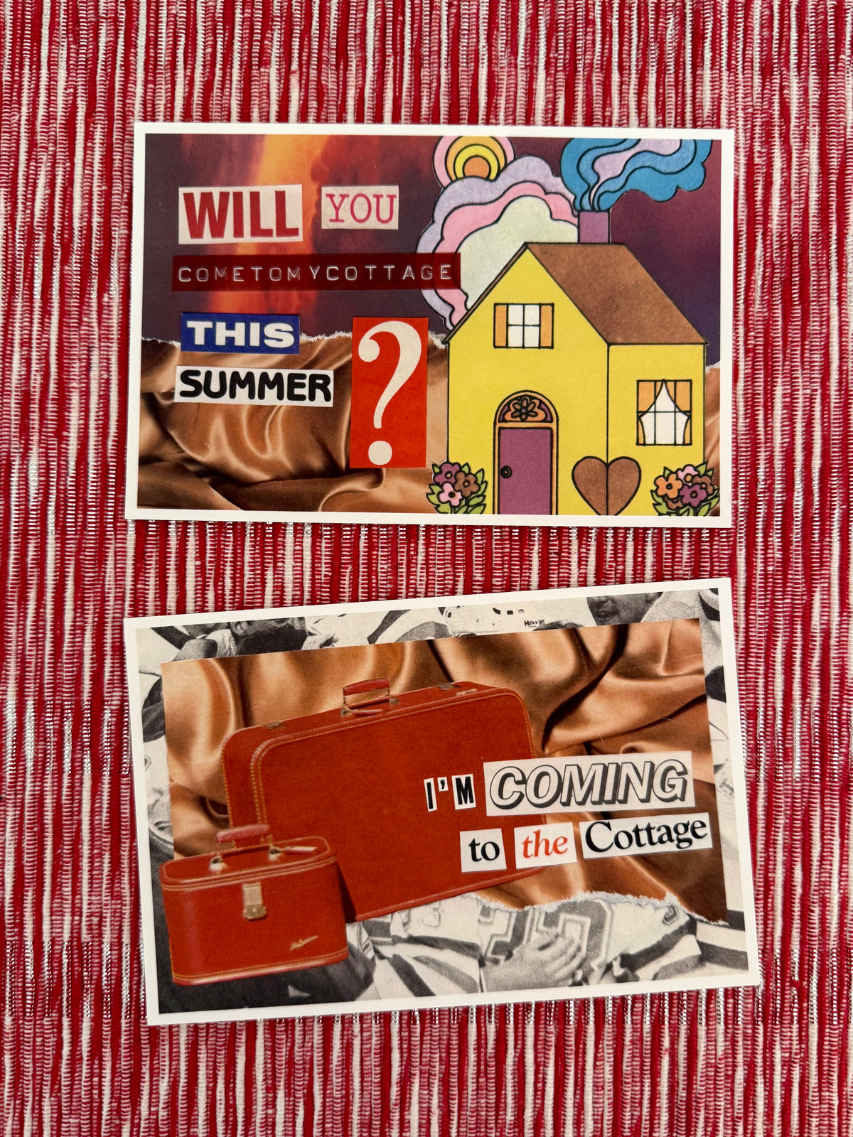 Will You Come to My Cottage and I'm Coming to the Cottage postcards on a red striped cloth