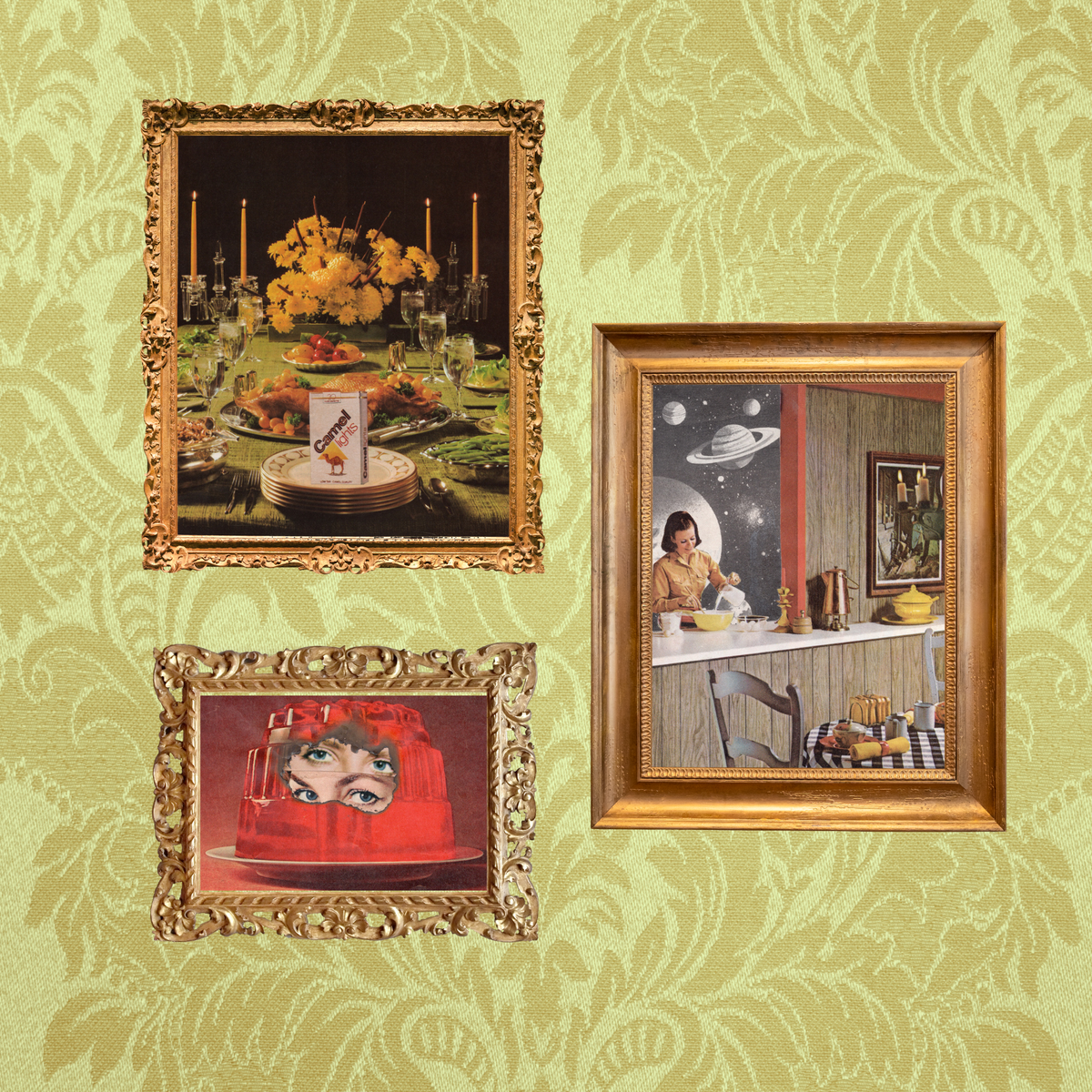 Three framed art prints with ornate gold frames displayed on a light green damask-patterned wallpaper background. The top-left print shows a dinner table with yellow flowers and candles; the bottom-left print shows a red jello cake with a face inside of it; the right print shows a retro-style scene of a woman cooking at a kitchen counter under a starry sky.