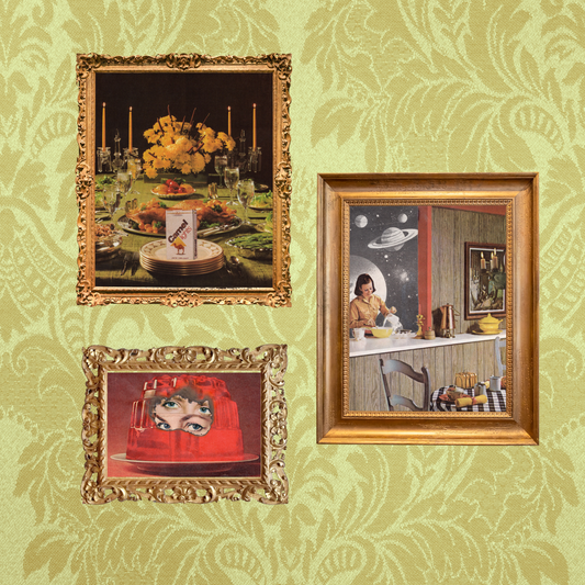 Three framed art prints with ornate gold frames displayed on a light green damask-patterned wallpaper background. The top-left print shows a dinner table with yellow flowers and candles; the bottom-left print shows a red jello cake with a face inside of it; the right print shows a retro-style scene of a woman cooking at a kitchen counter under a starry sky.