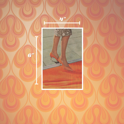A framed art print or poster showing a vintage-style illustration of a person's legs in patterned skirt and pointed heels, displayed on a retro orange and peach patterned background with dimension labels reading 4 inches wide and 6 inches tall.