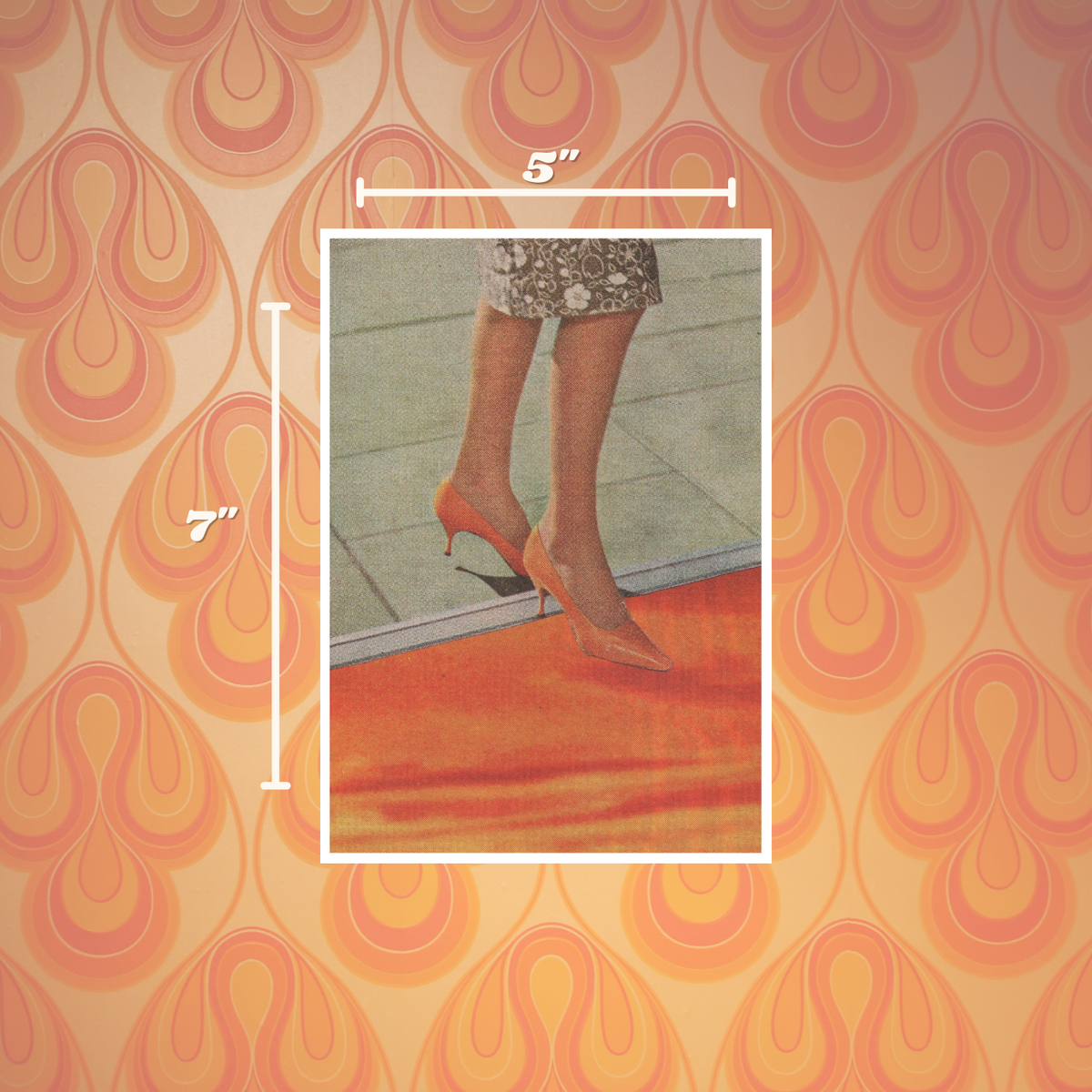 A framed art print or photo insert shown on a retro patterned orange and beige background, with white measurement lines indicating 5 inches wide by 7 inches tall. The central artwork shows a cropped scene of a person's legs in patterned skirt and pointed heels standing on a red-orange surface.