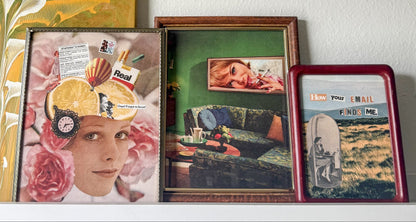 Three framed vintage-style collage prints displayed side-by-side on a white shelf against a textured white wall.