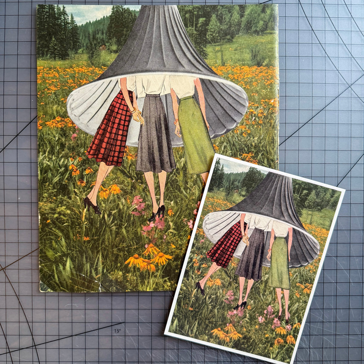 A vintage-style collage showing three women from behind under a large gramophone, standing in a flower field, displayed on a gray cutting mat with a smaller matching print placed in front.