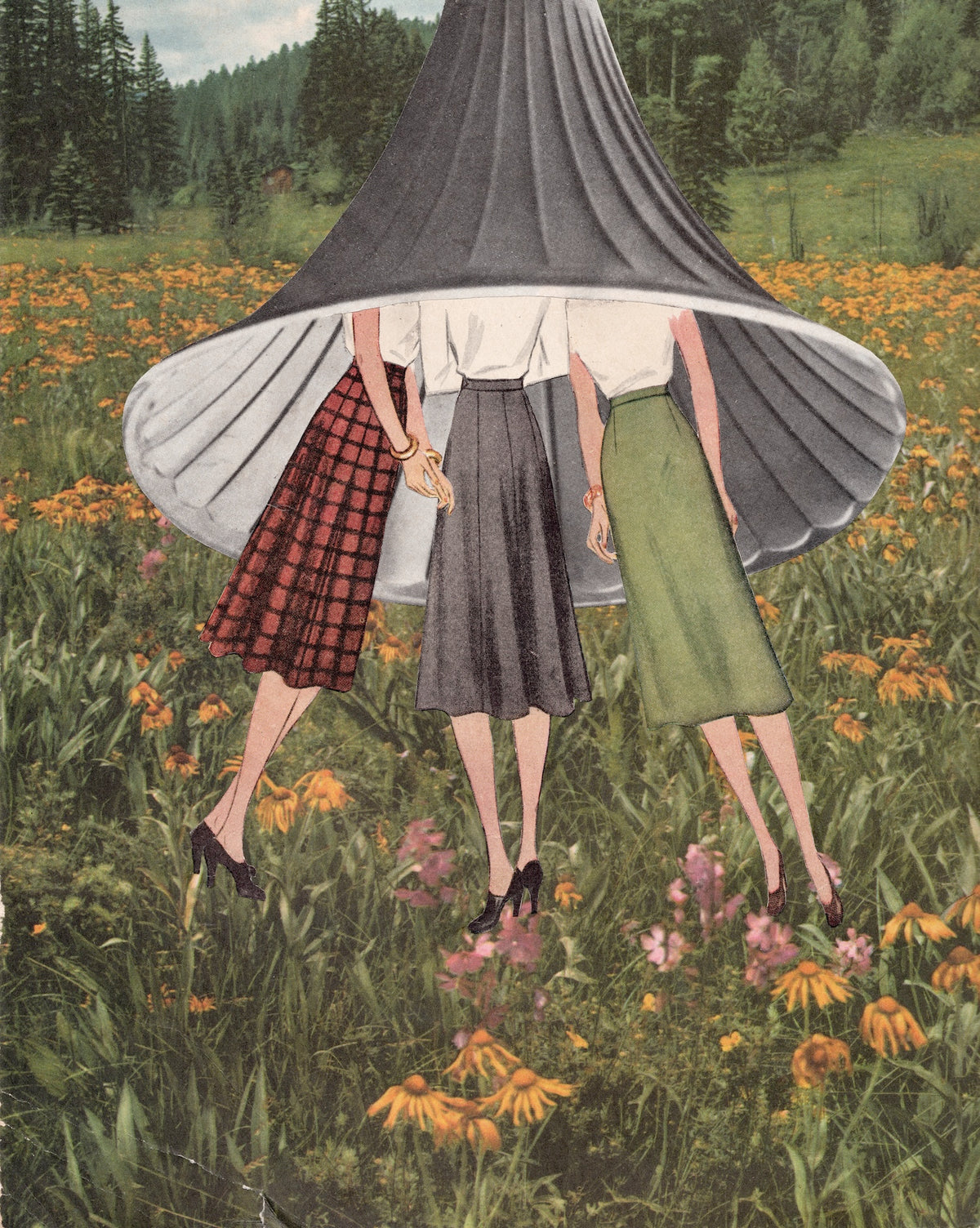 Vintage-style illustration of three women seen from behind walking through a grassy wildflower field under a large gramophone that looks like a spaceship, with trees in the background.