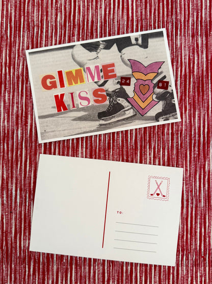 Gimme Kiss postcard next to the blank back, showing a hockey stick stamp design