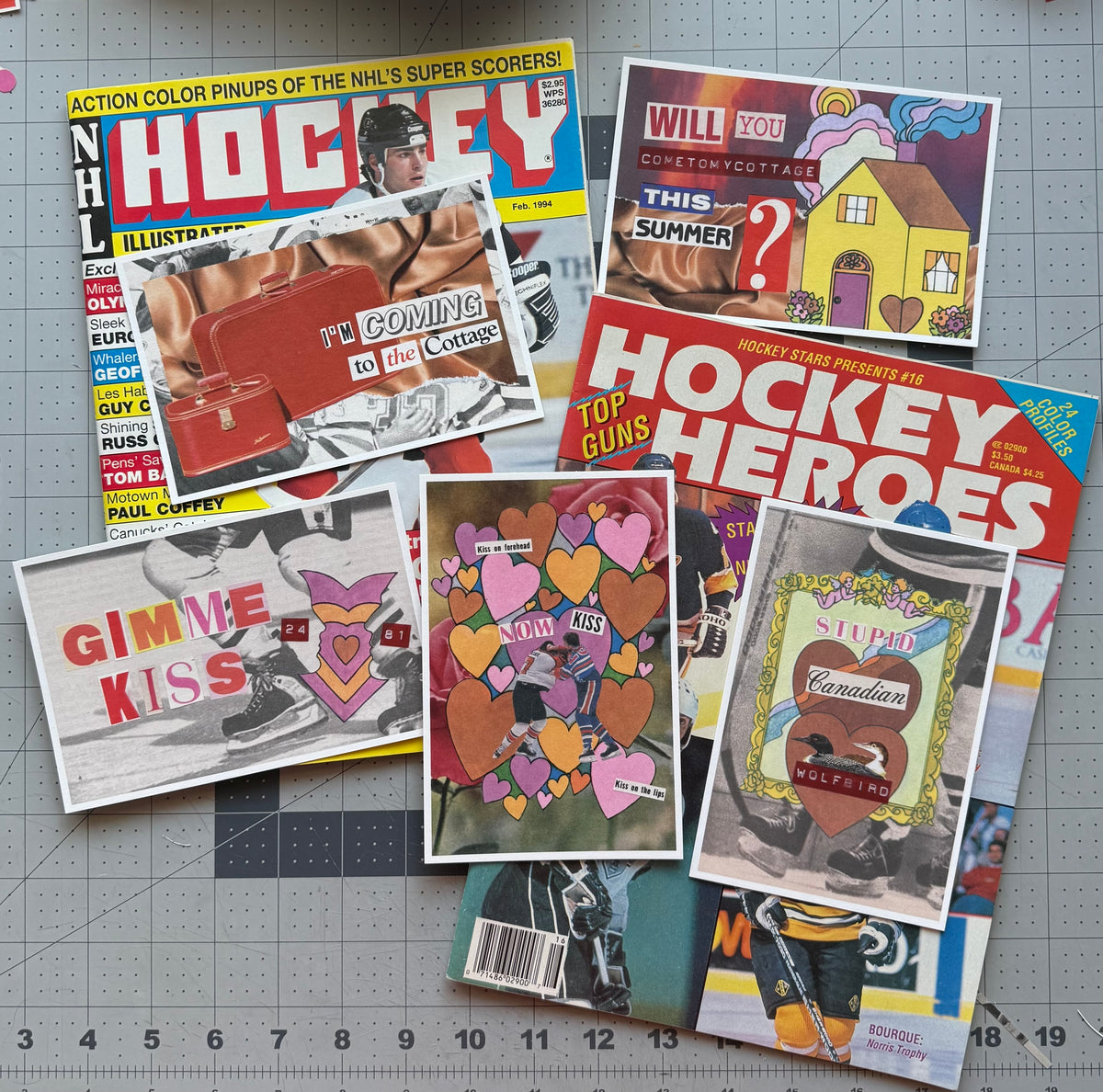 Five hockey collage postcards spread over vintage Hockey Illustrated and Hockey Heroes magazines