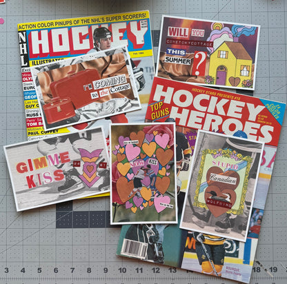 Five hockey collage postcards spread over vintage Hockey Illustrated and Hockey Heroes magazines
