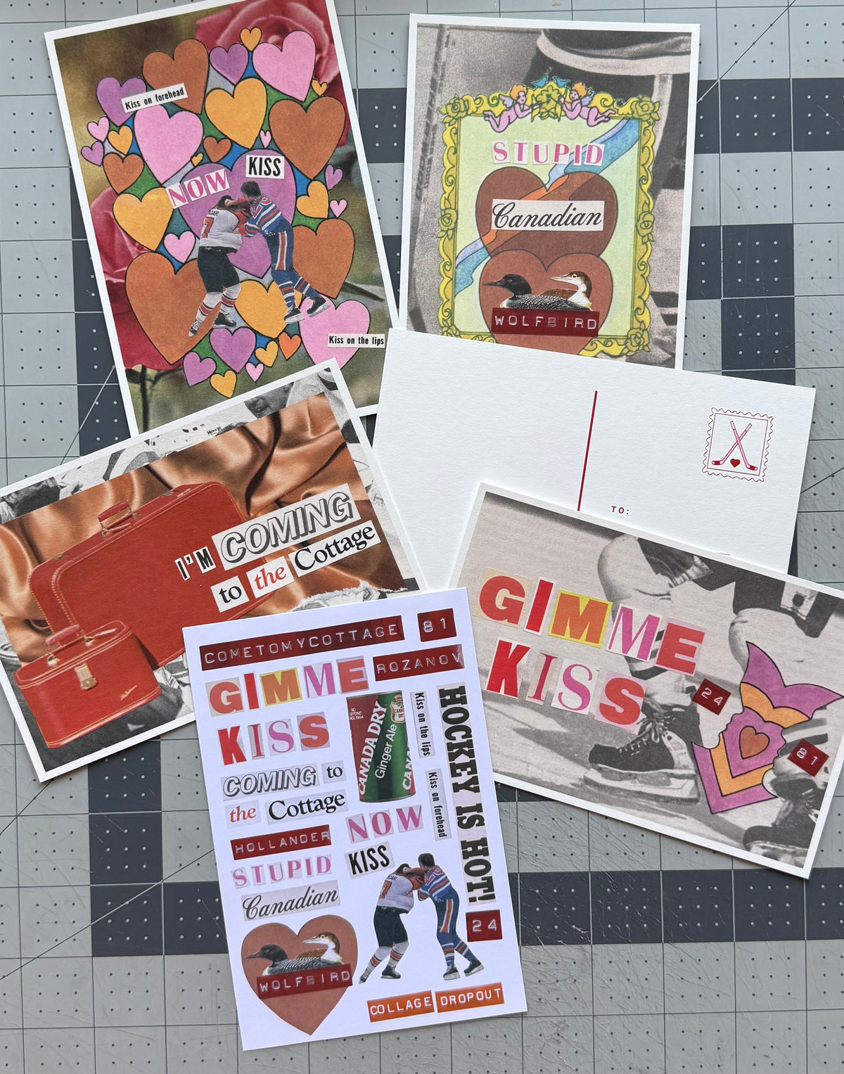 Full set of five hockey postcards with a bonus cut-out word sheet on a cutting mat