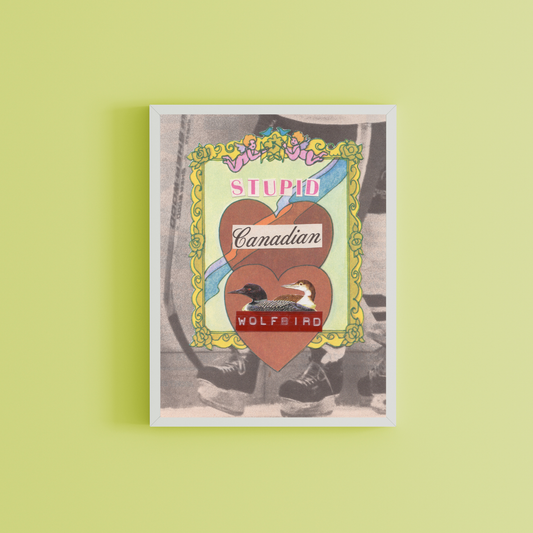 Stupid Canadian Wolfbird print in a white frame on a lime green wall