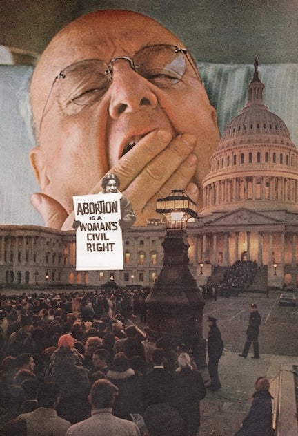 Collage with a large figure holding a sign about abortion rights, a crowd, and a building resembling the U.S. Capitol.