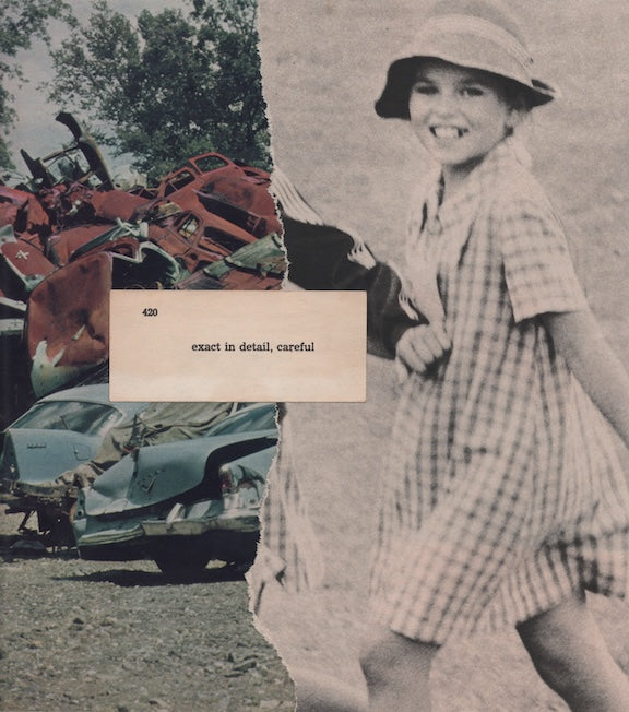 Collage of a young girl in a checkered dress and hat with a vintage car and junkyard background.