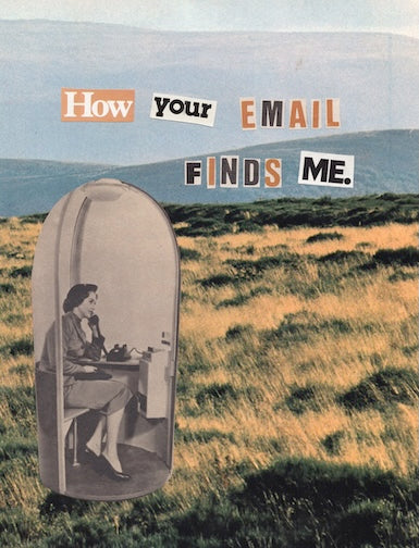 Collage with a woman in a phone booth and text overlay on a landscape background