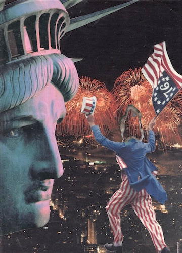 Collage with Statue of Liberty and person in Uncle Sam costume against a fireworks display